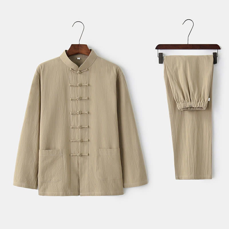 Buddha Stones Frog-Button Tang Long Sleeve Shirt Pants Men's Suit - Tan - US/UK/AU44，EU54 (4XL) - image 7