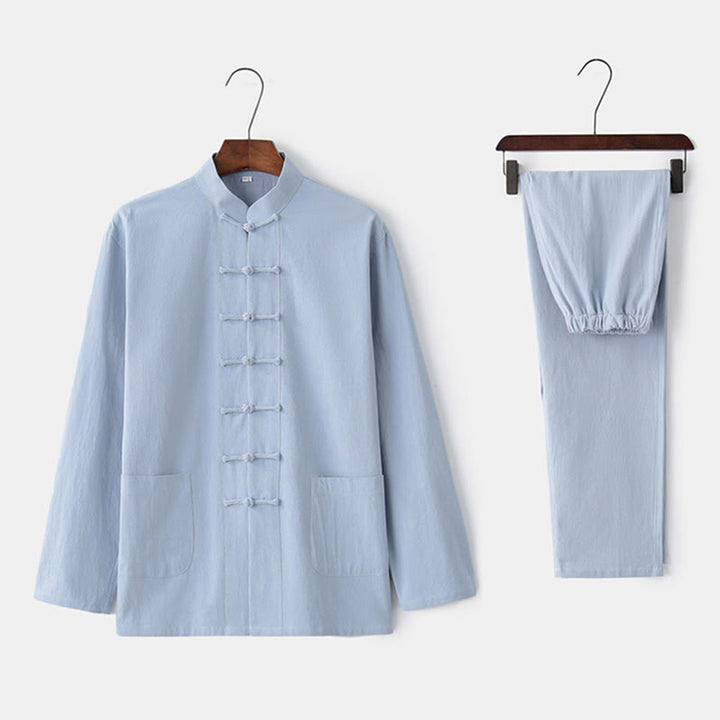 Buddha Stones Frog-Button Tang Long Sleeve Shirt Pants Men's Suit - LightSkyBlue - US/UK/AU44，EU54 (4XL) - image 7