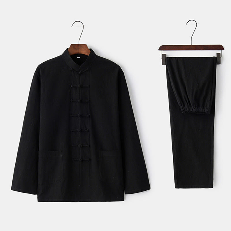 Buddha Stones Frog-Button Tang Long Sleeve Shirt Pants Men's Suit - Black - US/UK/AU44，EU54 (4XL) - image 2