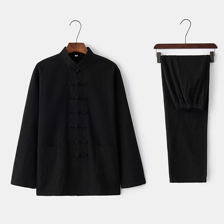 Buddha Stones Frog-Button Tang Long Sleeve Shirt Pants Men's Suit - Black - US/UK/AU44，EU54 (4XL) - image 2
