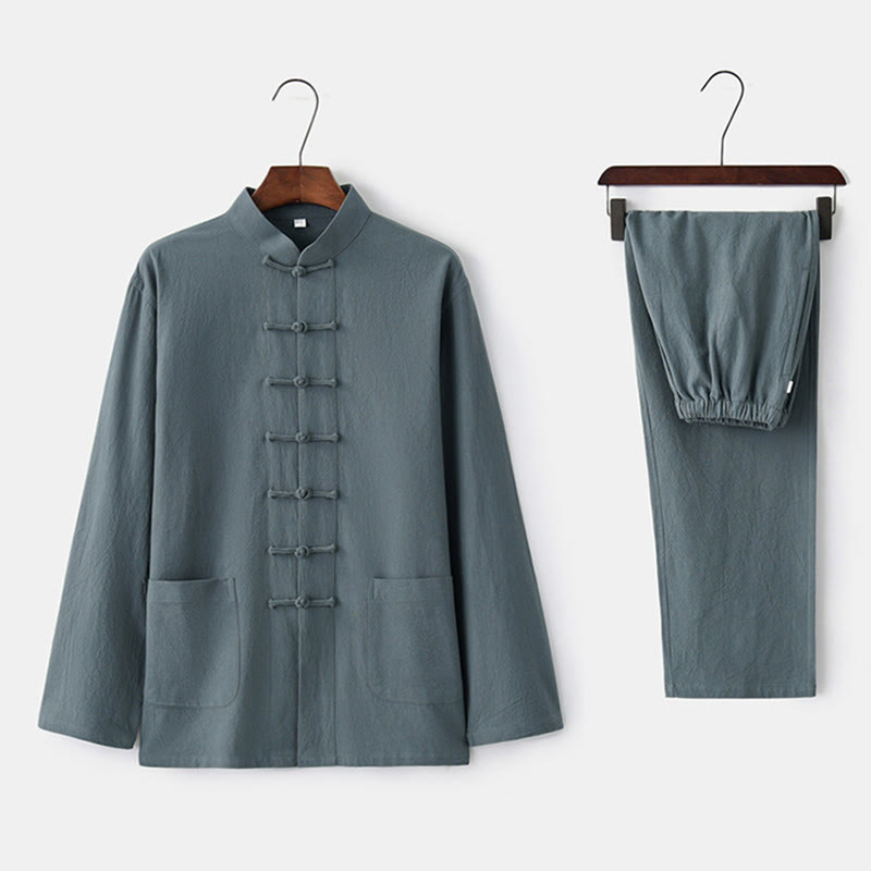 Buddha Stones Frog-Button Tang Long Sleeve Shirt Pants Men's Suit - CadetBlue - US/UK/AU44，EU54 (4XL) - image 1