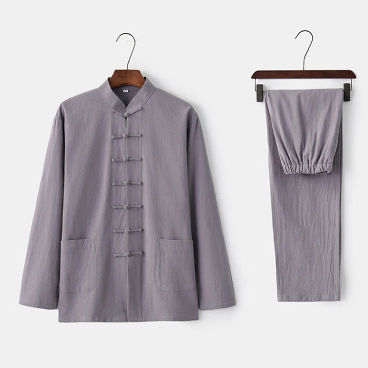 Buddha Stones Frog-Button Tang Long Sleeve Shirt Pants Men's Suit - DimGray - US/UK/AU44，EU54 (4XL) - image 3