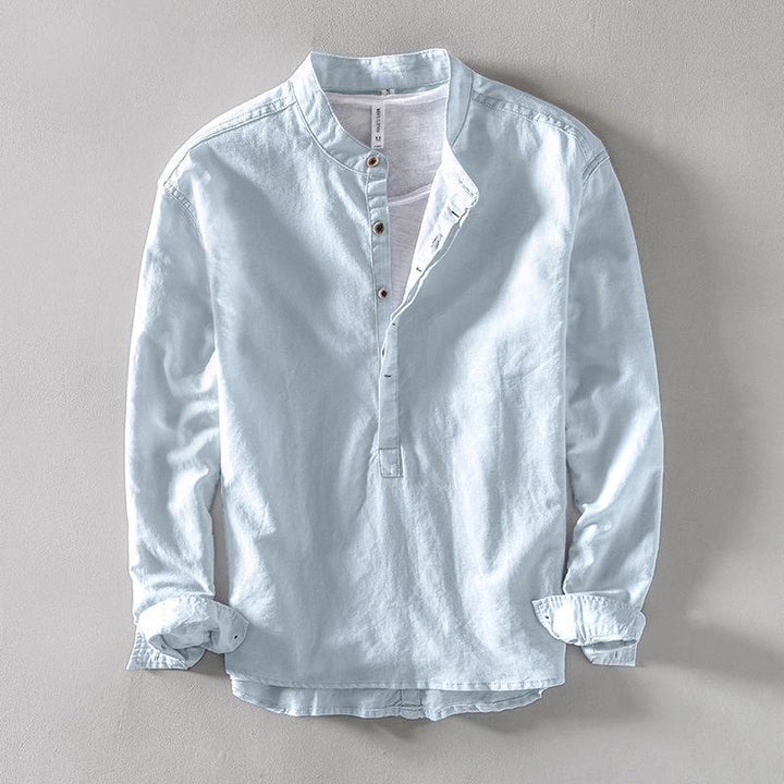Buddha Stones Solid Color Long Sleeve Half Button Shirt Cotton Linen Men Clothing - LightBlue - US/UK/AU40，EU50 (2XL) - image 0