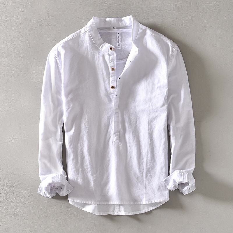 Buddha Stones Solid Color Long Sleeve Half Button Shirt Cotton Linen Men Clothing - White - US/UK/AU40，EU50 (2XL) - image 2