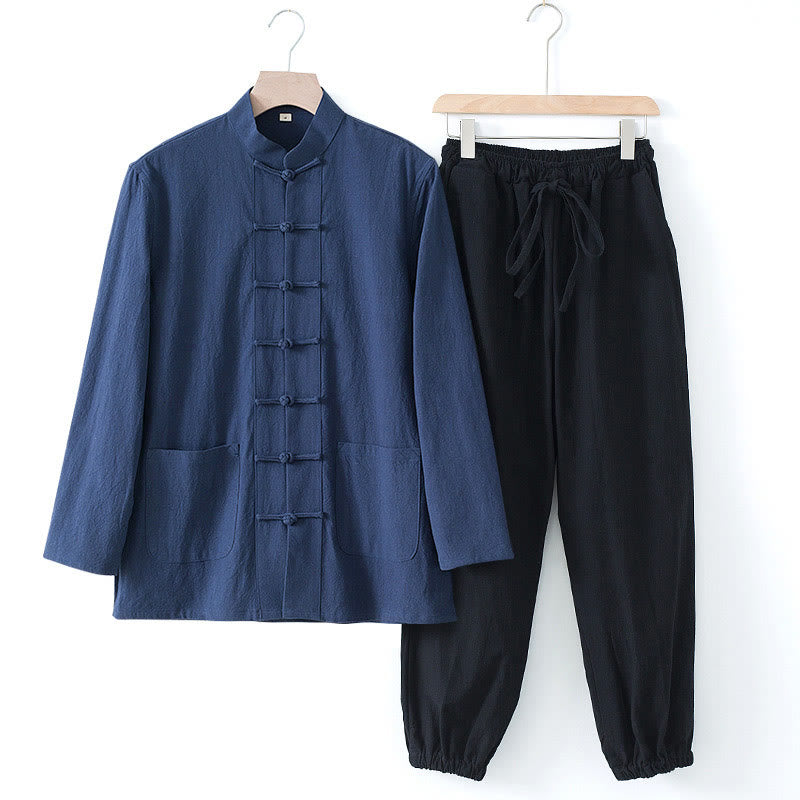 Buddha Stones Meditation Frog-Button Tang Long Sleeve Shirt Pants Men's Suit - DarkBlue Shirt&Black Pants - US/UK/AU44，EU54 (4XL) - image 0