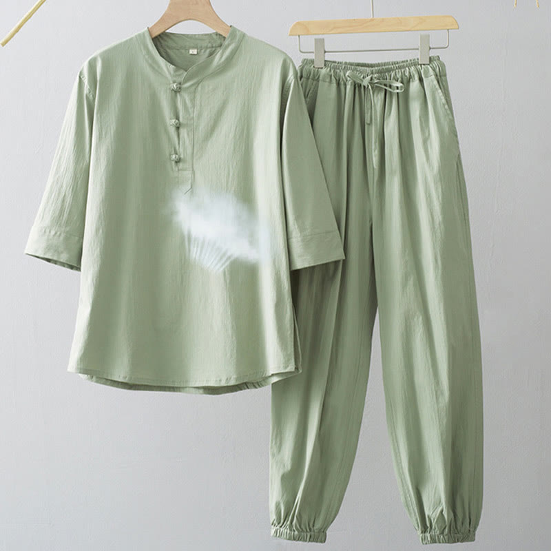 Buddha Stones Frog-Button Three Quarter Sleeve Shirt Pants Men's Suit - image 8