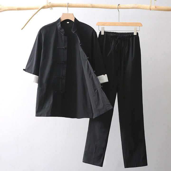 Buddha Stones Tang Frog-Button Three Quarter Sleeve Shirt Wide Leg Pants Cotton Linen Men's Suit - Black - US/UK/AU44，EU54 (4XL) - image 7