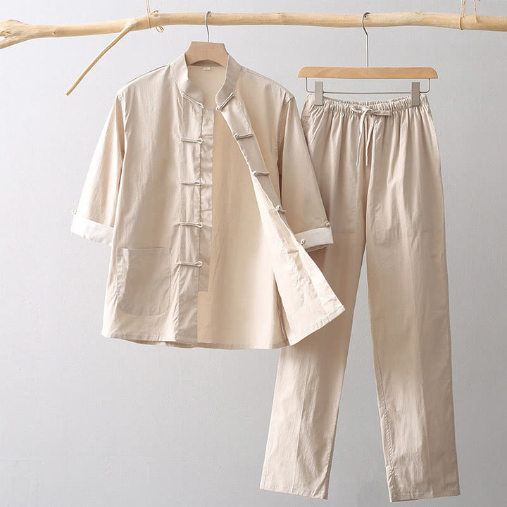 Buddha Stones Tang Frog-Button Three Quarter Sleeve Shirt Wide Leg Pants Cotton Linen Men's Suit - Wheat - US/UK/AU44，EU54 (4XL) - image 0