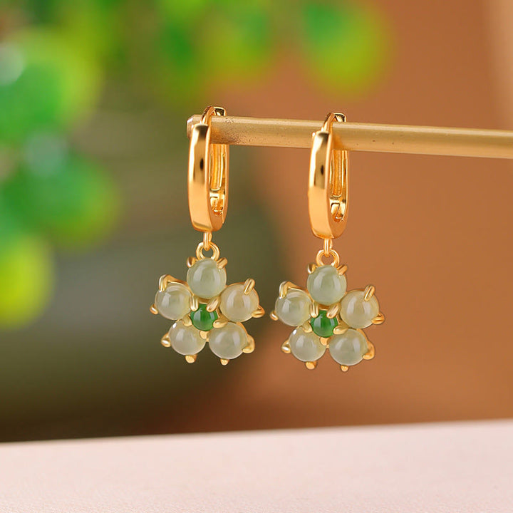 Buddha Stones 925 Sterling Silver Plated Gold Green Jade Flower Design Luck Prosperity Earrings  - 925 Sterling Silver Plated Gold - image 0