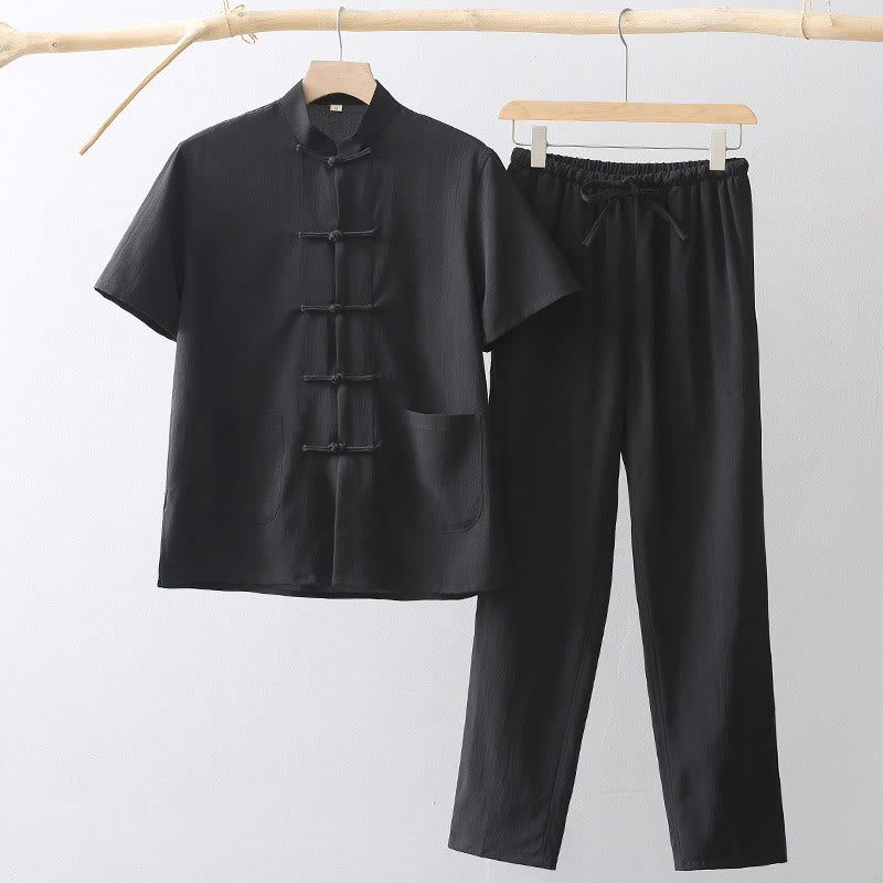 Buddha Stones Tang Frog-Button Short Sleeve Shirt Wide Leg Pants Men's Suit