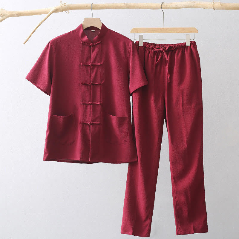 Buddha Stones Tang Frog-Button Short Sleeve Shirt Wide Leg Pants Men's Suit - Crimson - US/UK/AU44，EU54 (4XL) - image 3