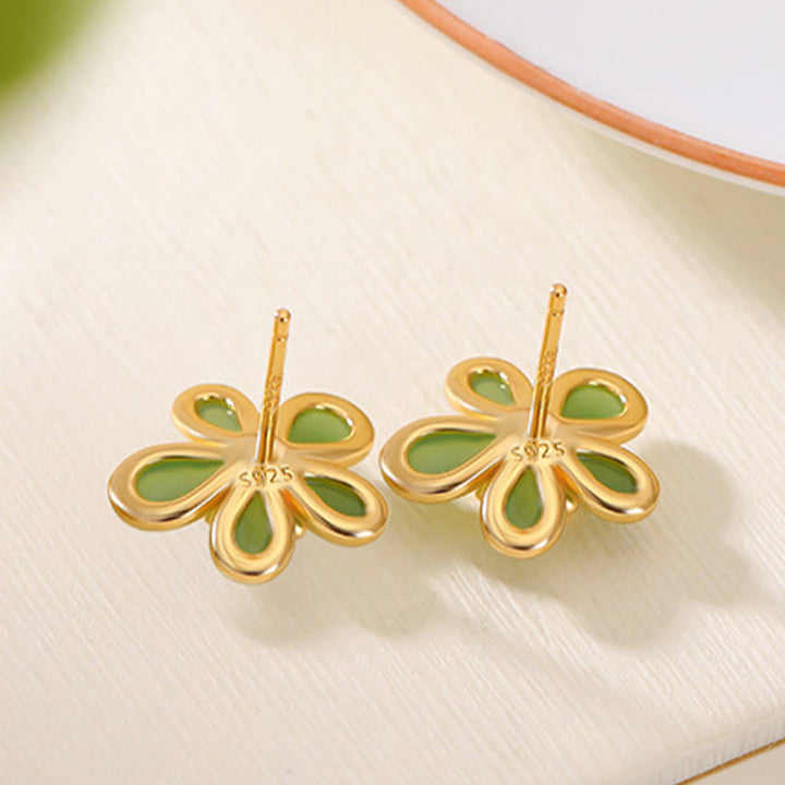 Buddha Stones 925 Sterling Silver Hetian Jade Flower Design Abundance Luck Earrings  - image 3