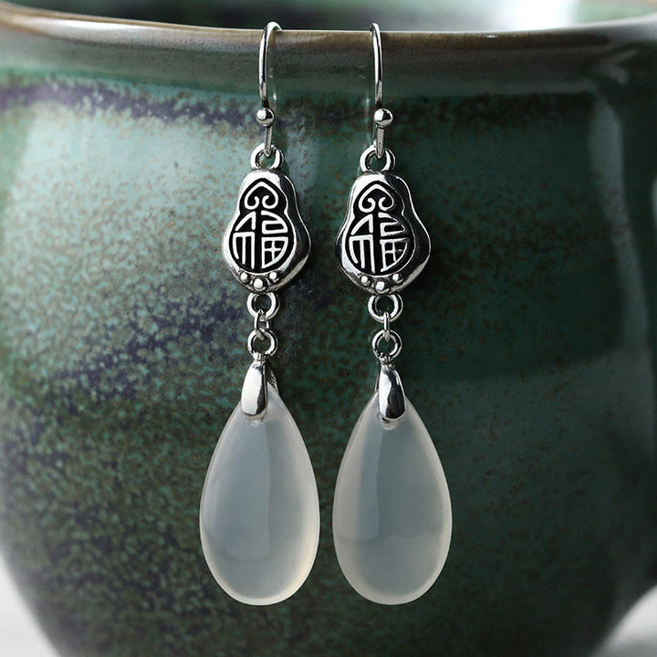 Buddha Stones 925 Sterling Silver Posts Natural Chalcedony Fu Character Positive Harmony Earrings