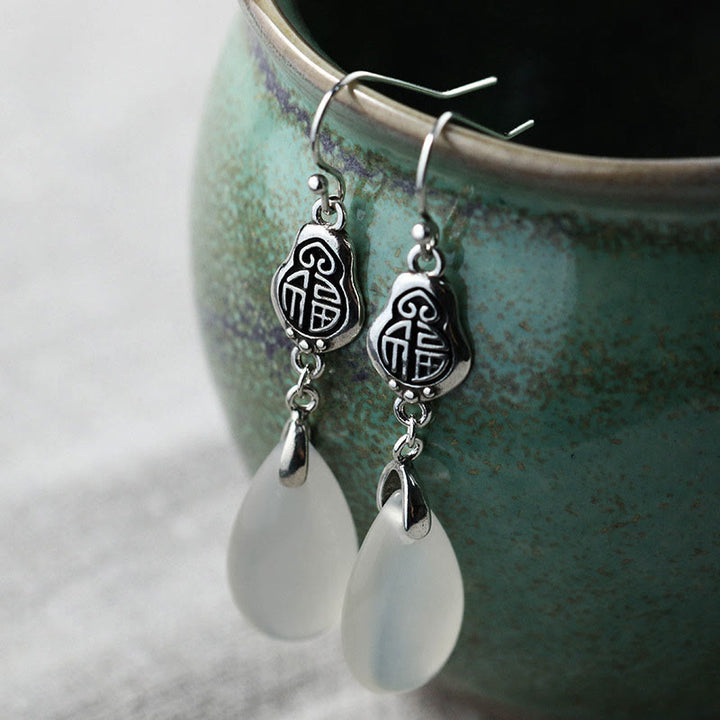 Buddha Stones 925 Sterling Silver Posts Natural Chalcedony Fu Character Positive Harmony Earrings