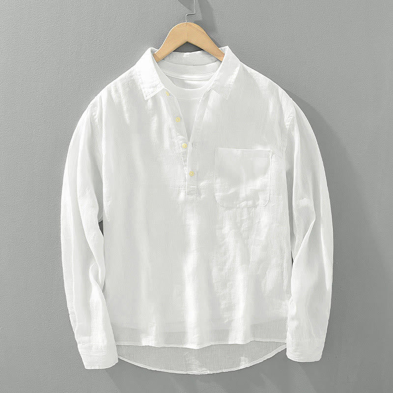 Buddha Stones Solid Color Loose Long Sleeve Half Button Shirt Linen Men Clothing - White - US/UK/AU40，EU50 (3XL) - image 0
