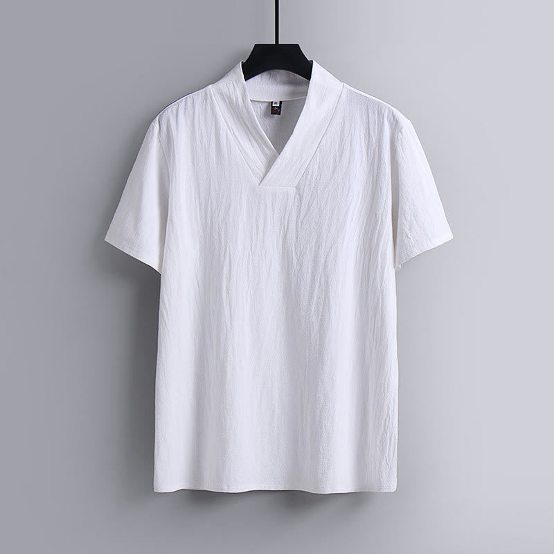 Buddha Stones Loose Men's T-Shirt Solid Color Top Short Sleeve V Collar Breathable Linen Shirt - White - US/UK/AU54，EU64 (9XL) - image 2