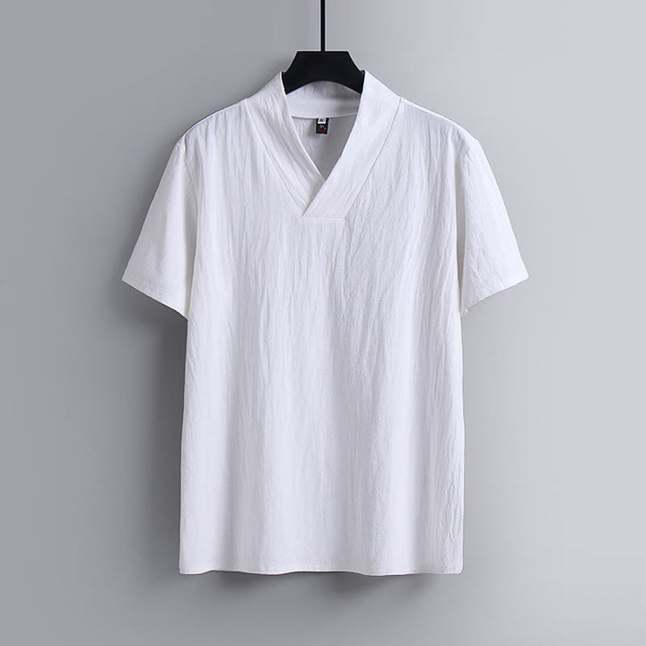 Buddha Stones Loose Men's T-Shirt Solid Color Top Short Sleeve V Collar Breathable Linen Shirt - White - US/UK/AU54，EU64 (9XL) - image 2