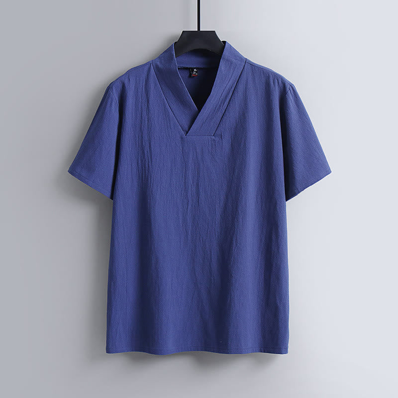 Buddha Stones Loose Men's T-Shirt Solid Color Top Short Sleeve V Collar Breathable Linen Shirt - RoyalBlue - US/UK/AU54，EU64 (9XL) - image 3