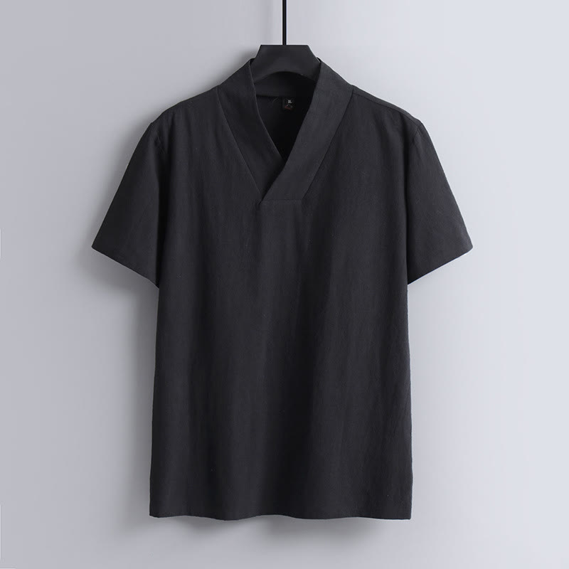 Buddha Stones Loose Men's T-Shirt Solid Color Top Short Sleeve V Collar Breathable Linen Shirt - Black - US/UK/AU54，EU64 (9XL) - image 3