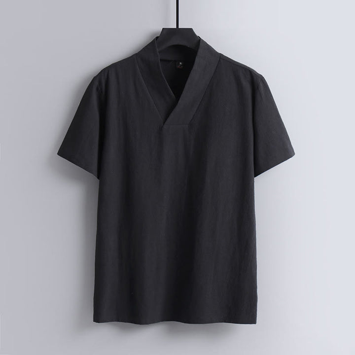 Buddha Stones Loose Men's T-Shirt Solid Color Top Short Sleeve V Collar Breathable Linen Shirt - Black - US/UK/AU54，EU64 (9XL) - image 3