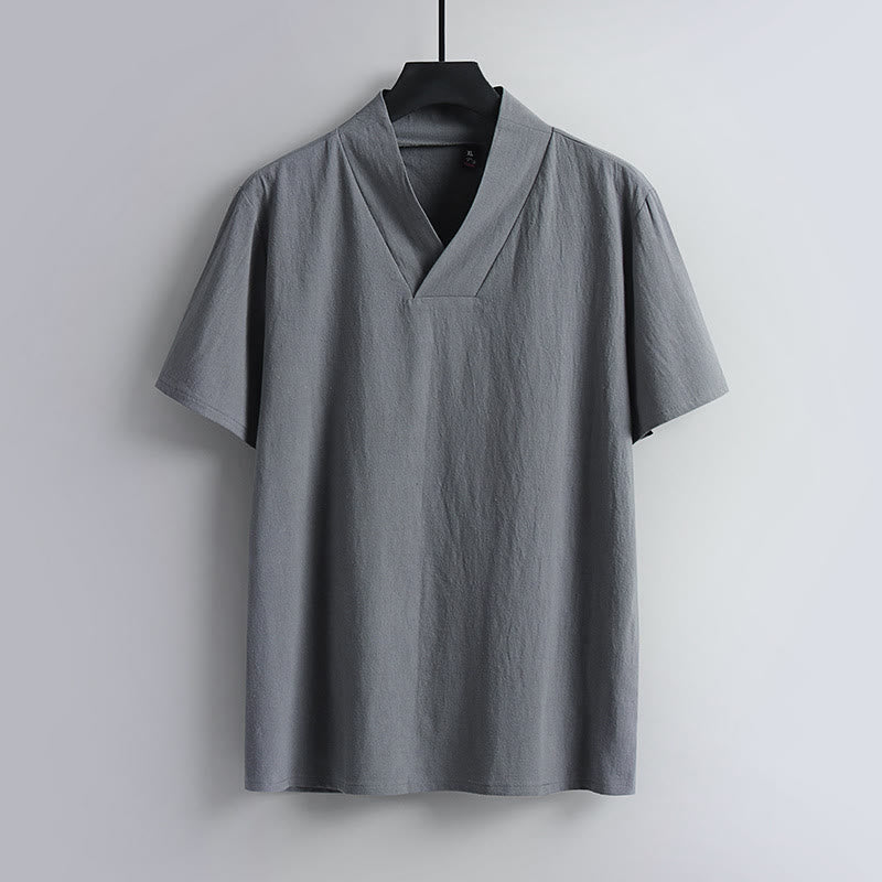 Buddha Stones Loose Men's T-Shirt Solid Color Top Short Sleeve V Collar Breathable Linen Shirt - Gray - US/UK/AU54，EU64 (9XL) - image 1