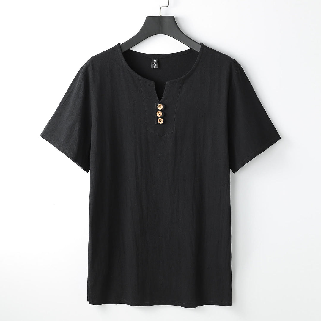 Buddha Stones Men's T-Shirt Solid Color Top Short Sleeve Three-button V Collar Soft Cotton Shirt - Black - US/UK/AU54，EU64 (9XL) - image 11