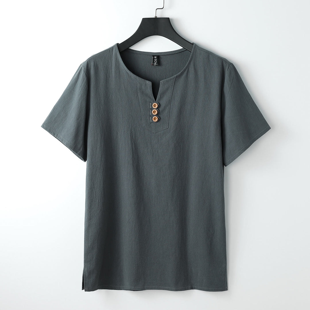 Buddha Stones Men's T-Shirt Solid Color Top Short Sleeve Three-button V Collar Soft Cotton Shirt - Gray - US/UK/AU54，EU64 (9XL) - image 1