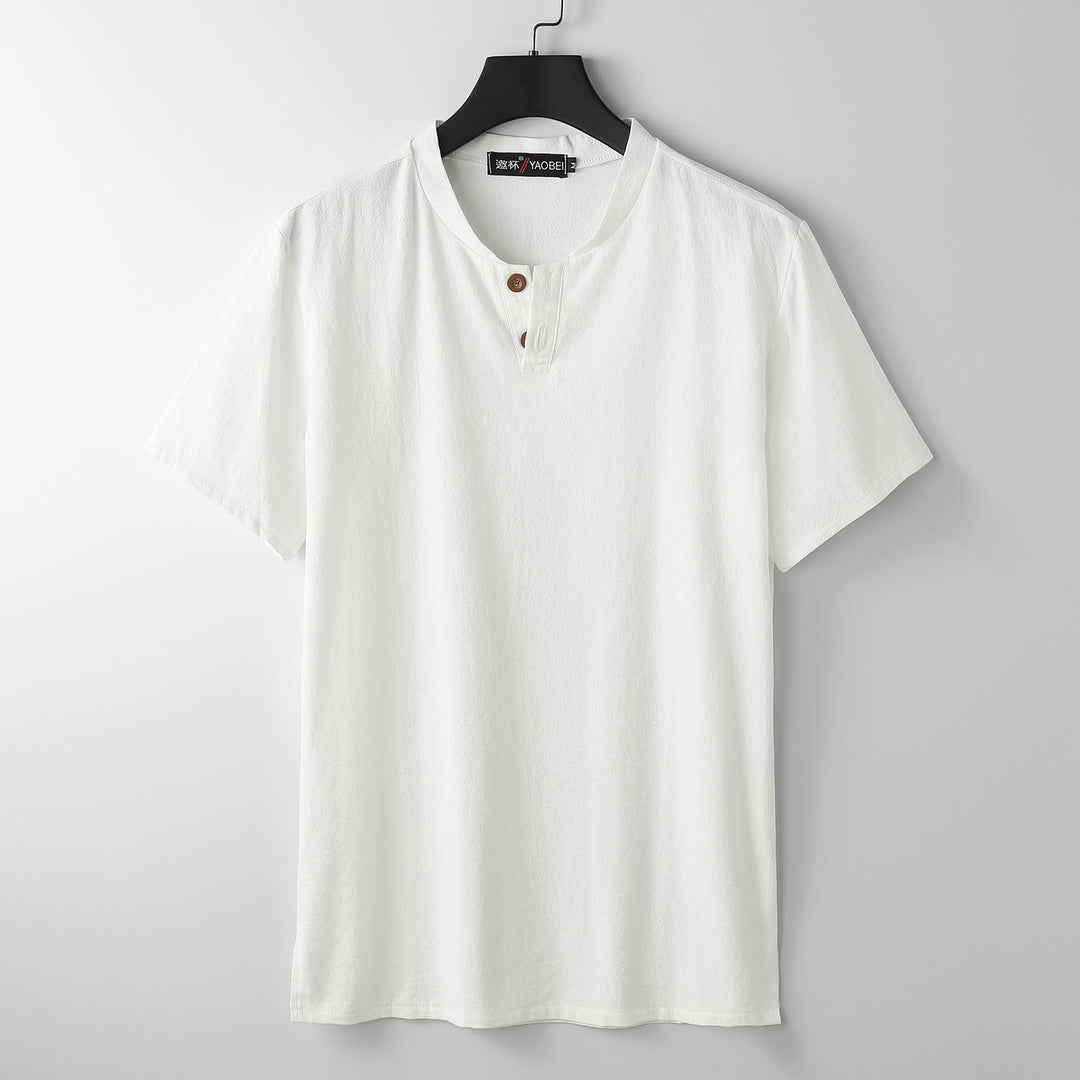 Buddha Stones Loose Men's T-shirt Solid Color Top Short Sleeve Button Notched Neck Soft Cotton Linen Shirt - White - US/UK/AU54，EU64 (9XL) - image 1