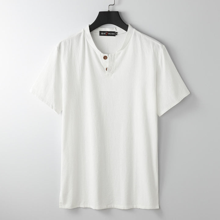 Buddha Stones Loose Men's T-shirt Solid Color Top Short Sleeve Button Notched Neck Soft Cotton Linen Shirt - White - US/UK/AU54，EU64 (9XL) - image 1