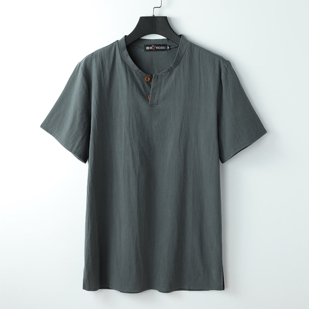 Buddha Stones Loose Men's T-shirt Solid Color Top Short Sleeve Button Notched Neck Soft Shirt - Gray - US/UK/AU54，EU64 (9XL) - image 1