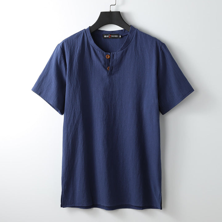 Buddha Stones Loose Men's T-shirt Solid Color Top Short Sleeve Button Notched Neck Soft Cotton Linen Shirt - MidnightBlue - US/UK/AU54，EU64 (9XL) - image 4