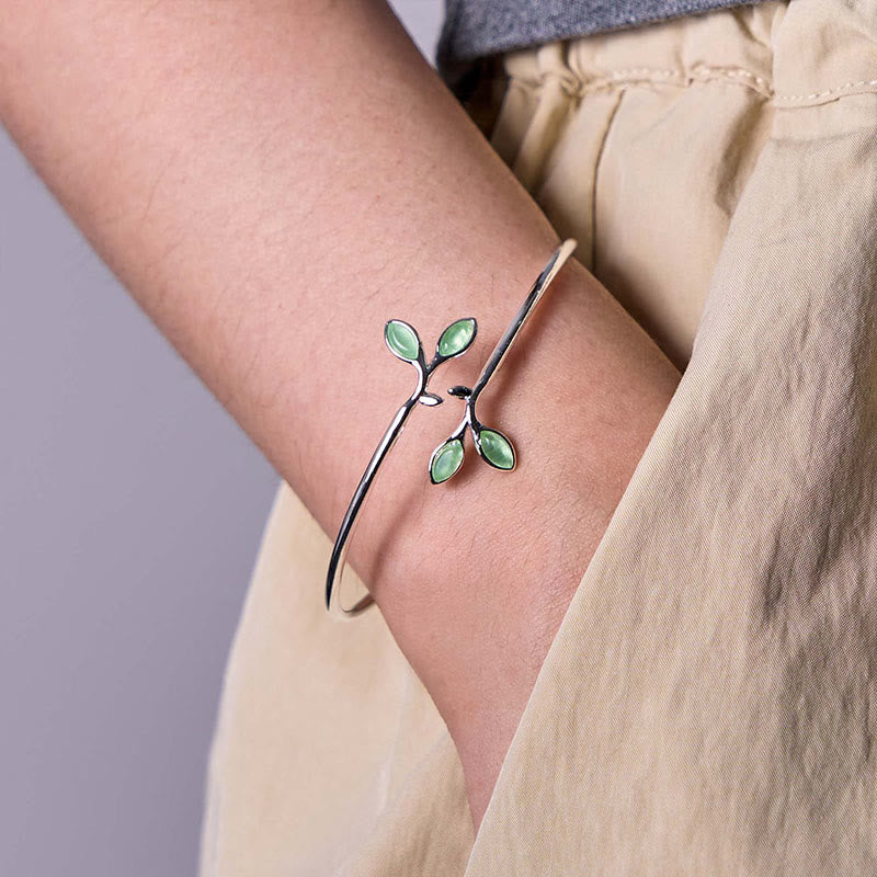 Buddha Stones Leaf Pattern Cat Eye Support Cuff Bracelet Bangle - image 4