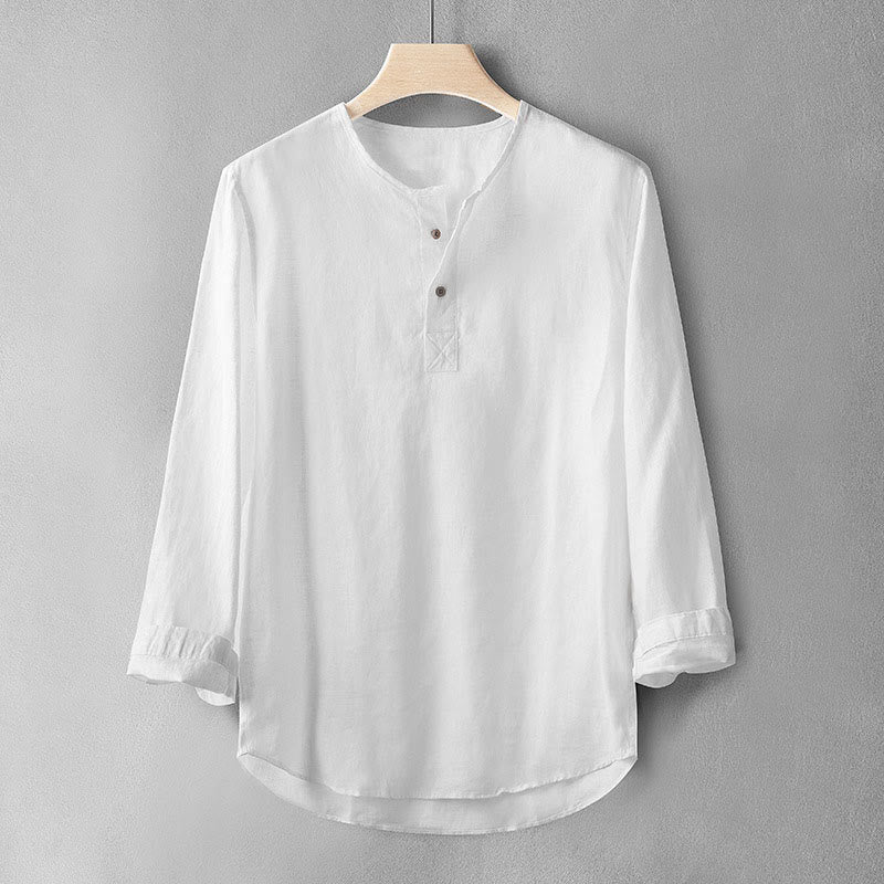 Buddha Stones Solid Color Long Sleeve Button Shirt Linen Men Clothing - White - US/UK/AU42，EU52 (3XL) - image 2
