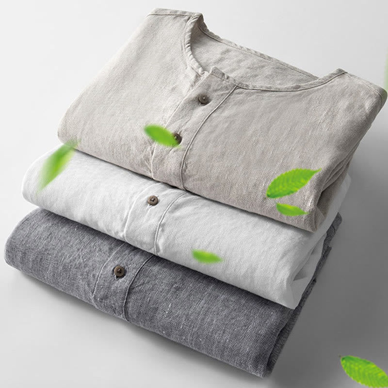 Buddha Stones Solid Color Long Sleeve Button Shirt Linen Men Clothing - image 5