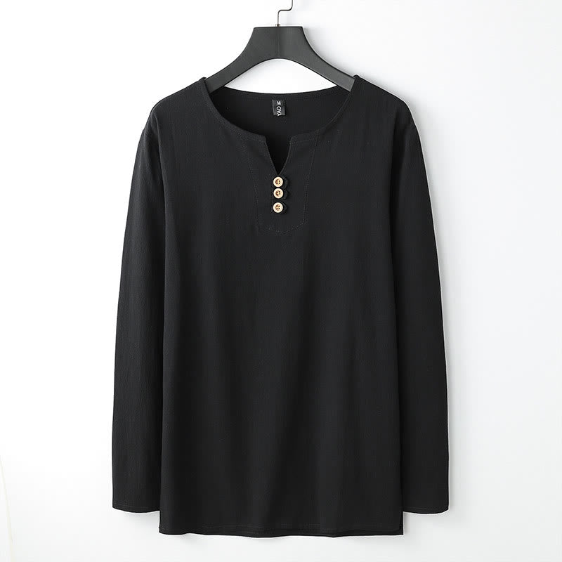 Buddha Stones Solid Color Long Sleeve Button Shirt Cotton Linen Men Clothing - Black - US/UK/AU54，EU64 (9XL) - image 4