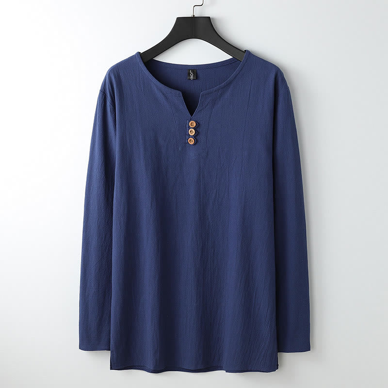 Buddha Stones Solid Color Long Sleeve Button Shirt Cotton Linen Men Clothing - Navy - US/UK/AU54，EU64 (9XL) - image 1