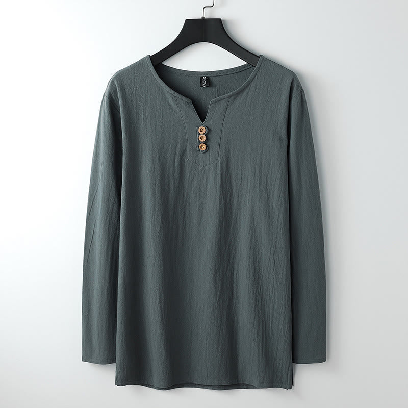 Buddha Stones Solid Color Long Sleeve Button Shirt Cotton Linen Men Clothing - CadetBlue - US/UK/AU54，EU64 (9XL) - image 3