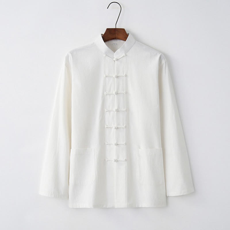 Buddha Stones Tang Frog-Button Long Sleeve Shirt Cotton Men's Clothing - White - US/UK/AU44，EU54 (4XL) - image 1