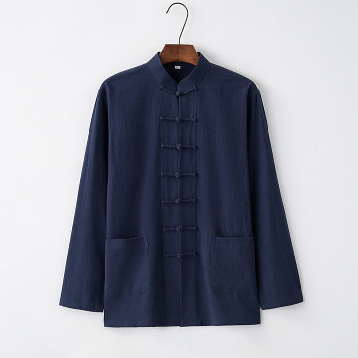 Buddha Stones Tang Frog-Button Long Sleeve Shirt Cotton Men's Clothing - MidnightBlue - US/UK/AU44，EU54 (4XL) - image 4