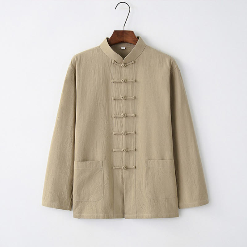 Buddha Stones Tang Frog-Button Long Sleeve Shirt Cotton Men's Clothing - Tan - US/UK/AU44，EU54 (4XL) - image 8