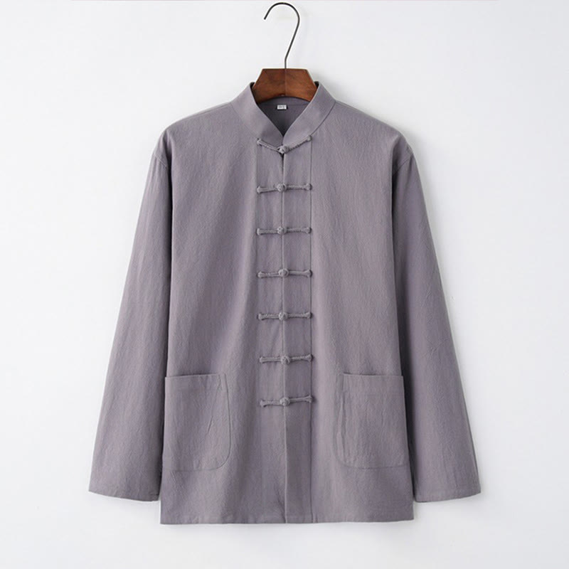 Buddha Stones Tang Frog-Button Long Sleeve Shirt Cotton Men's Clothing - LightSlateGray - US/UK/AU44，EU54 (4XL) - image 0