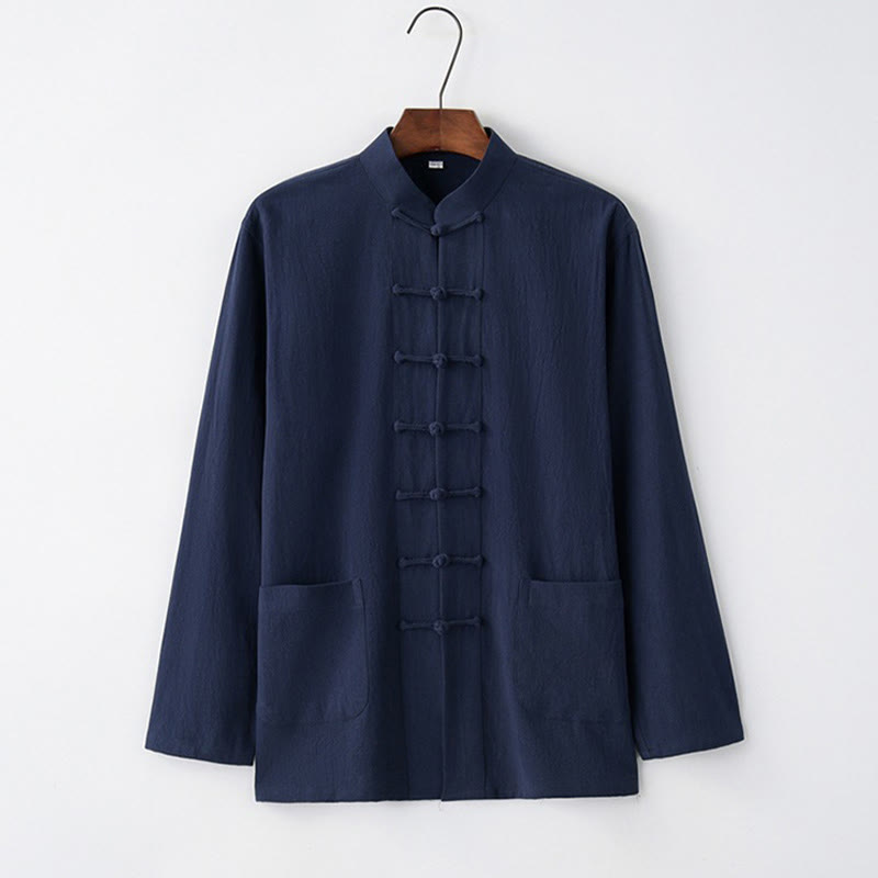 Buddha Stones Tang Frog-Button Long Sleeve Shirt Cotton Men's Clothing - MidnightBlue - US/UK/AU44，EU54 (4XL) - image 5