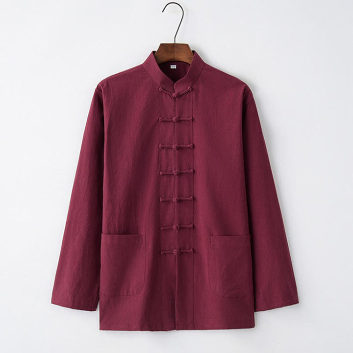 Buddha Stones Tang Frog-Button Long Sleeve Shirt Cotton Men's Clothing - Crimson - US/UK/AU44，EU54 (4XL) - image 6