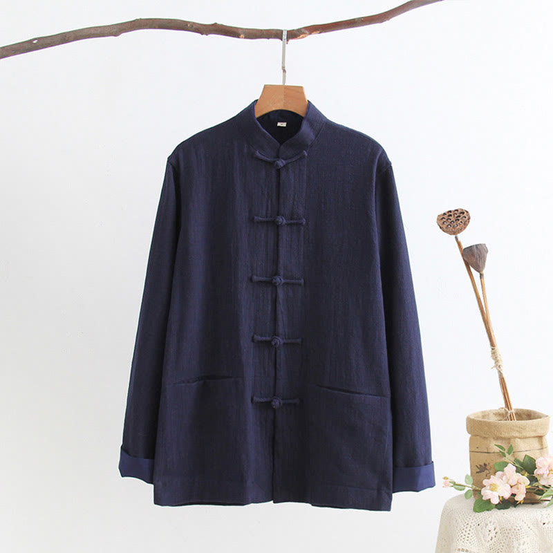 Buddha Stones Tang Frog-Button Long Sleeve Shirt Cotton Linen Men's Clothing - MidnightBlue - US/UK/AU44，EU54 (4XL) - image 4