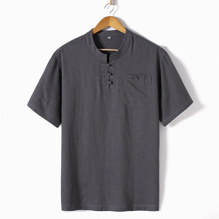 Buddha Stones Loose Men's Shirt Solid Color Notched Neck Top Short Sleeve Comfy Button Breathable Cotton Linen Shirt - Dark Gray - US/UK/AU46，EU56 (5XL)  - image 4