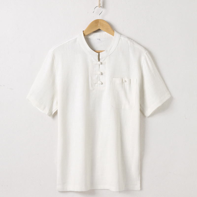 Buddha Stones Loose Men's Shirt Solid Color Notched Neck Top Short Sleeve Comfy Button Breathable Cotton Linen Shirt - Beige - US/UK/AU46，EU56 (5XL)  - image 2