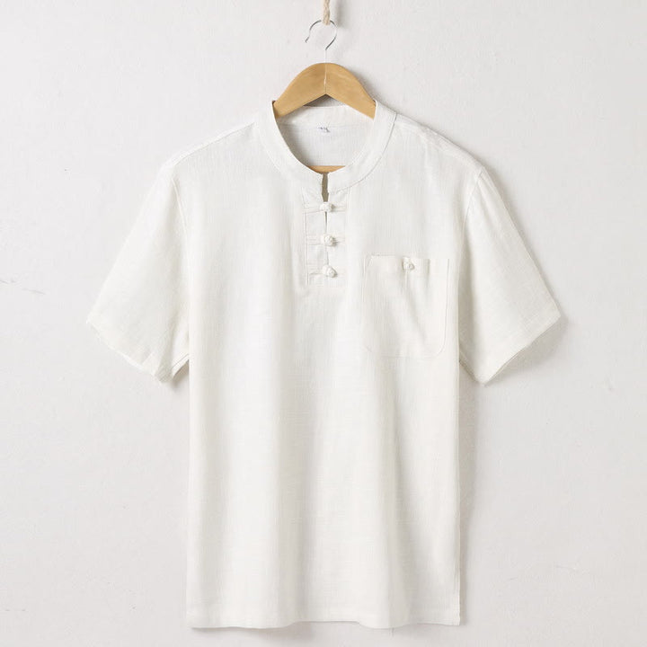 Buddha Stones Loose Men's Shirt Solid Color Notched Neck Top Short Sleeve Comfy Button Breathable Cotton Linen Shirt - Beige - US/UK/AU46，EU56 (5XL)  - image 2