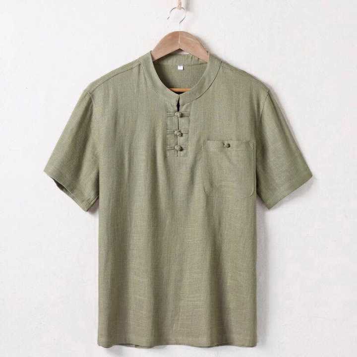 Buddha Stones Loose Men's Shirt Solid Color Notched Neck Top Short Sleeve Comfy Button Breathable Cotton Linen Shirt - Olive - US/UK/AU46，EU56 (5XL)  - image 1