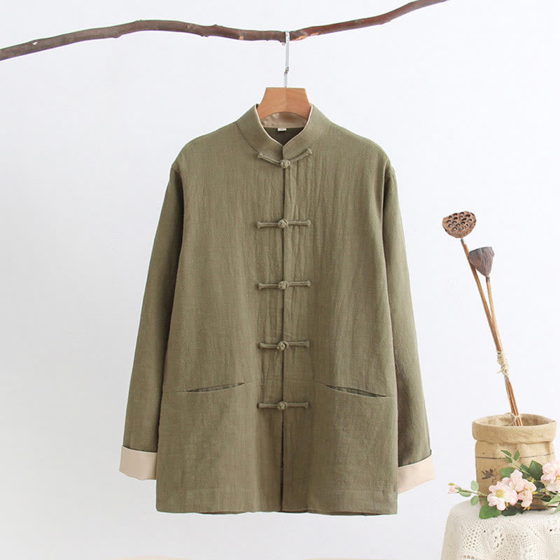 Buddha Stones Tang Frog-Button Long Sleeve Shirt Cotton Linen Men's Clothing - DarkKhaki - US/UK/AU44，EU54 (4XL) - image 1