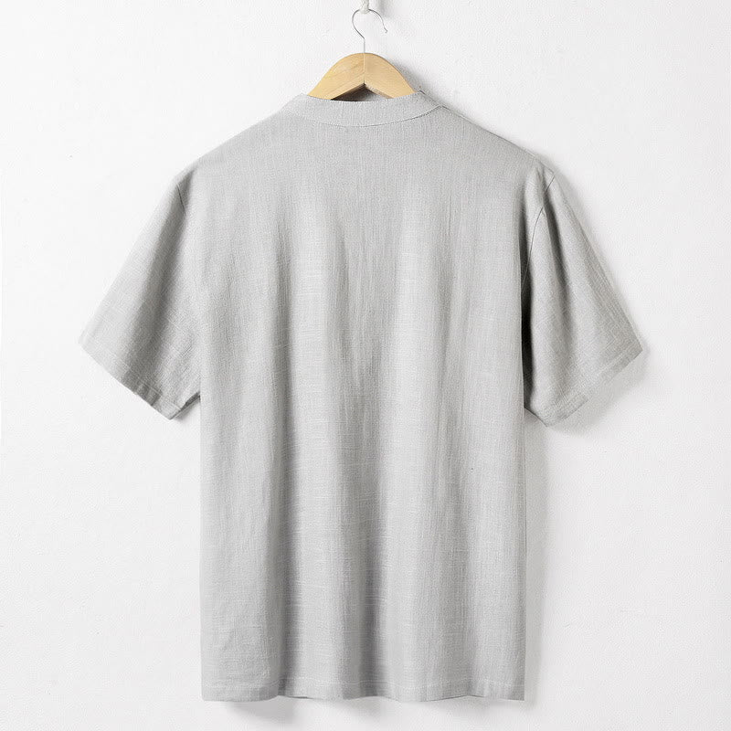 Buddha Stones Loose Men's Shirt Solid Color Notched Neck Top Short Sleeve Comfy Button Breathable Cotton Linen Shirt - image 6